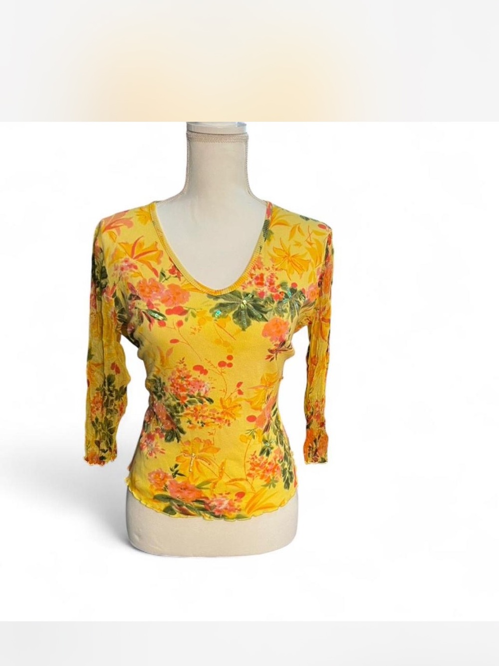 Vintage Caribbean Joe Yellow Floral V-Neck Long Sleeve Top